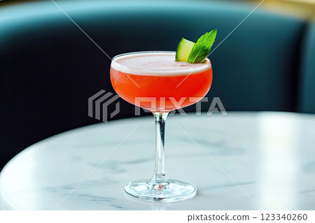 watermelon cocktail on elegant white marble table in pub 123340260