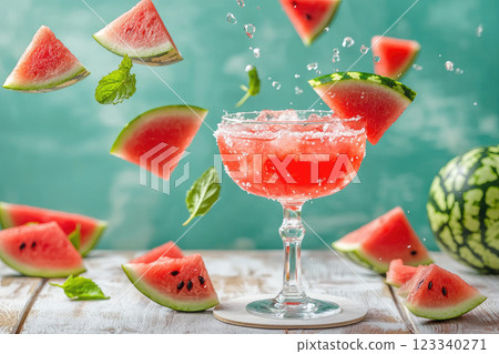 watermelon cocktail on roun white wooden table and watermelon falling 123340271