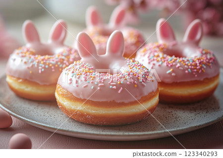 Pink donut with bunny ears and colorful sprinkles Pink donut with bunny ears and colorful sprinkles 123340293