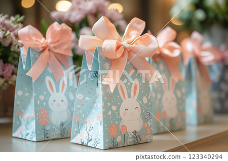 Easter gift bag with rabbit pattern and pink ribbon 123340294