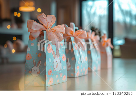 Easter gift bag with rabbit pattern and pink ribbon 123340295