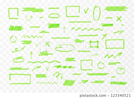 Green marker pen or highlighter lines and shapes vector set, transparent brush pen strokes, arrows, geometric shapes 123340521