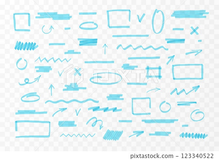 Blue marker pen or highlighter lines and shapes vector set, transparent brush pen hand drawn underline stroke collection 123340522