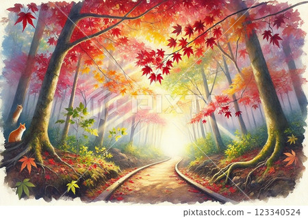 Autumn, autumn leaves, sunlight filtering through the trees, path 123340524