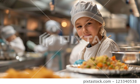 A young volunteer smiles while assisting in a busy kitchen, preparing meals for patients in need A young volunteer smiles while assisting in a busy kitchen, preparing meals for patients in need 123340538