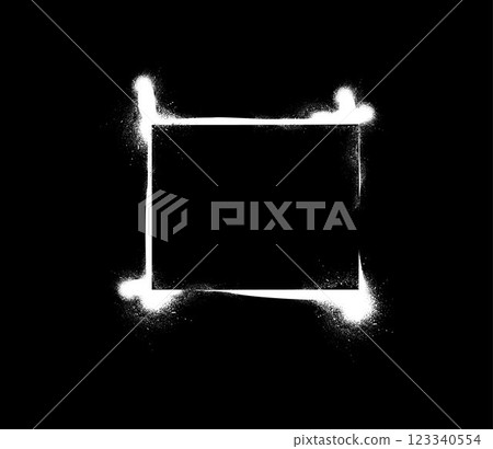 Grunge stencil frame, white graffiti spray painted border, vector rectangle shape with ink splatters, dripping on black Grunge stencil frame, white graffiti spray painted border, vector rectangle shape with ink splatters, dripping on black 123340554