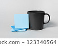 Coffee Cup Standing on Desk. Important infrormation written on paper. Different Office Supplies, Pencils, Pens, Marckers. Computer keyboard. Text on wood table. 123340564