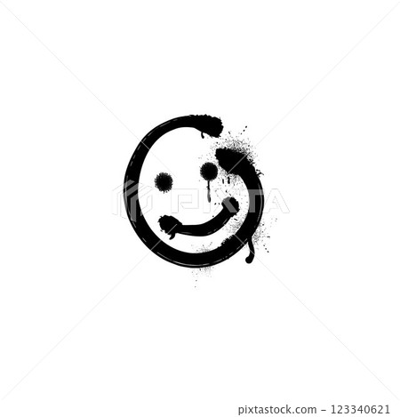 Black spray paint smiley emoticon, vector graffiti spraying lines cute smiling face with ink splatters and dripping 123340621