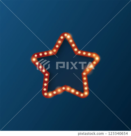 Glowing light bulbs on red star frame, vector retro billboard, lamp banner, Circus, cinema, casino design element 123340654