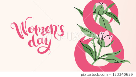 International Women's Day banner Card for March 8 decorating by delicate pink peonies. Trendy Invitation with spring plants, leaves and flowers. Simple floral background. Vector flat illustration. 123340659