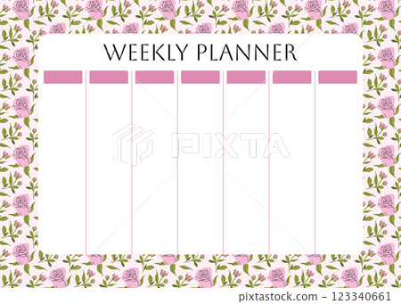 Weekly planner with trendy floral pattern. garden pink roses, spring flowers and leaves background for notes. Cute school planner is for 7 days. Kids schedule design template. Vector flat illustration 123340661