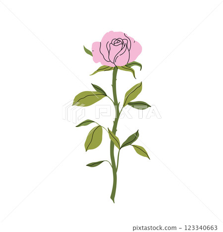 Delicate pink rose. Minimalist still life of single pink rose blossom with buds and leaves. Fashion minimalist flower. Elegant botanical design. for garden and flower shop. Vector flat illustration. Delicate pink rose. Minimalist still life of single pink rose blossom with buds and leaves. Fashion minimalist flower. Elegant botanical design. for garden and flower shop. Vector flat illustration. 123340663