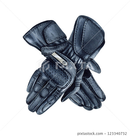 Pair of motorcycle gloves. Hand and finger protection. Moto wear, moto gear. Watercolor illustration isolated from the background. For motorbike store sign and web design clothing store. Road safety Pair of motorcycle gloves. Hand and finger protection. Moto wear, moto gear. Watercolor illustration isolated from the background. For motorbike store sign and web design clothing store. Road safety 123340732