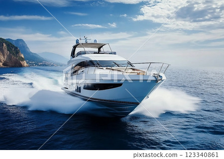 fast motor yacht in navigation, sea view 123340861