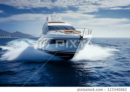 fast motor yacht in navigation, sea view fast motor yacht in navigation, sea view 123340862