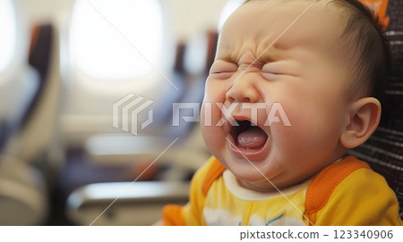 Crying baby in airplane seat Crying baby in airplane seat 123340906