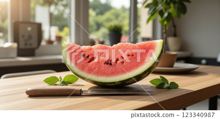 A freshly sliced watermelon, its bright pink flesh with dark seeds exposed, placed on a wooden table next 123340987