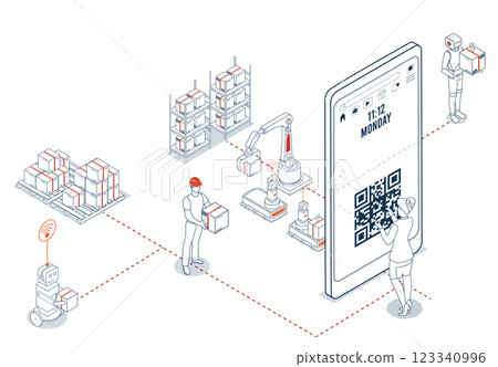 Woman scans QR code on phone to make an online purchase. Features digital payment and efficient delivery logistics with tracking capabilities. 123340996