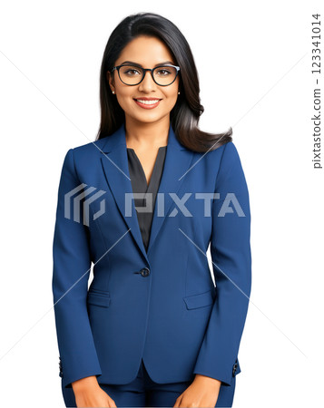 A confident South Asian woman with shoulder-length black hair, wearing glasses, a formal navy suit, and light blue blouse. Her 123341014