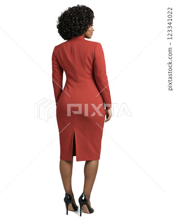 Loose curls in deep auburn, long length, worn by an African American woman aged 30-35 years old, styled voluminously, complemented by 123341022