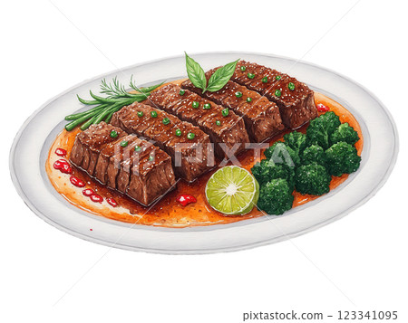 Beef Rendang - Spicy Beef Rendang with tender beef, rich brown gravy, and herbs, vibrant brown and green tones, isolated 123341095