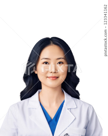 Asian woman aged 20-30 years old, wearing medical uniform, looking engaged without glasses, with wavy hair and gray hair. 123341162