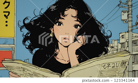 Woman surprised at the newspaper 123341164