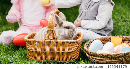 Children play with real rabbit. Laughing child at Easter egg hunt with pet bunny. Little toddler girl playing with animal in garden. Cute funny girl with Easter eggs and bunny ears at garden. 123341179