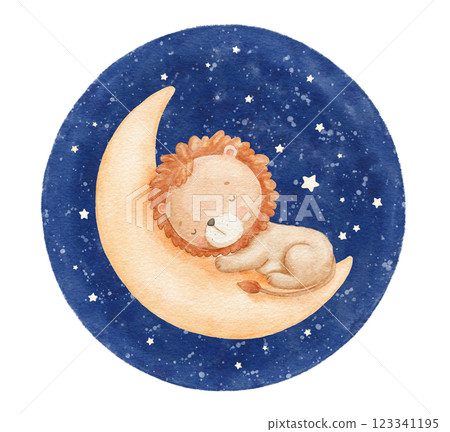 Watercolor baby lion sleeping on moon in dark night sky, hand draw illustration for kids, painted drawing with isolated background 123341195