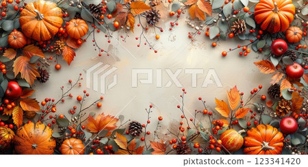 Autumn frame with pumpkins, leaves, and berries, perfect for a seasonal and festive background or greeting card 123341420