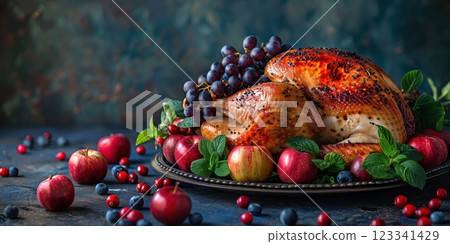 A roasted Thanksgiving turkey garnished with apples, grapes, and herbs, perfect for a festive holiday dinner 123341429