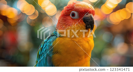 A colorful parrot with a bokeh background, showcasing vibrant feathers and a lively personality in a close-up portrait A colorful parrot with a bokeh background, showcasing vibrant feathers and a lively personality in a close-up portrait 123341471