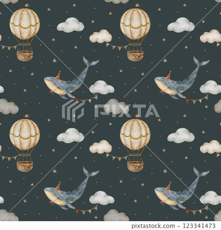 Seamless pattern vintage blue whale and hot air balloon in beige clouds. Watercolor print in pastel colors. Hand drawn illustrations on background design textiles fabrics packaging clothes wallpapers Seamless pattern vintage blue whale and hot air balloon in beige clouds. Watercolor print in pastel colors. Hand drawn illustrations on background design textiles fabrics packaging clothes wallpapers 123341473