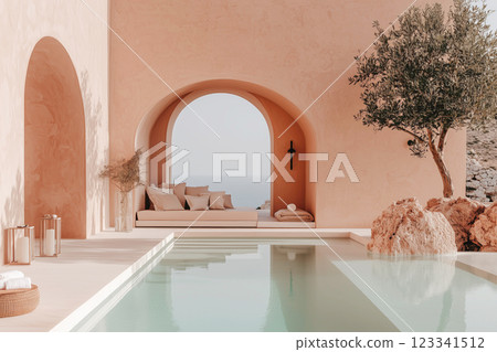 Mediterranean-inspired poolside lounge 123341512