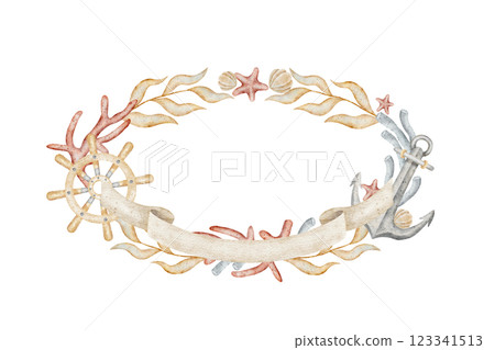 Watercolor frame anchor, steering wheel, coral, seaweed, seashells, starfish. Hand drawn illustration in pastel. Wreath template with text box for card design nautical party design posters invitations 123341513