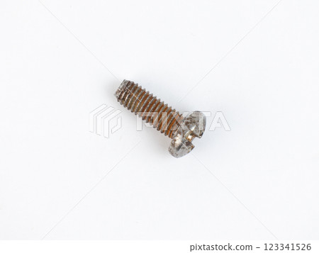 A rusty metal screw lies flat on a plain white surface A rusty metal screw lies flat on a plain white surface 123341526