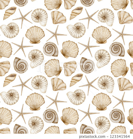 Watercolor pattern underwater beige seashells. Seamless marine pastel print. Hand drawn illustrations in vintage style starfish spiral scallop on background for textile design fabric clothes wallpaper Watercolor pattern underwater beige seashells. Seamless marine pastel print. Hand drawn illustrations in vintage style starfish spiral scallop on background for textile design fabric clothes wallpaper 123341564