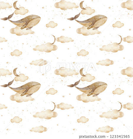 Watercolor pattern beige whale swims in clouds, moon, stars. Seamless monochrome pastel print. Hand drawn illustrations on white background for design of children's textiles fabrics clothes wallpapers Watercolor pattern beige whale swims in clouds, moon, stars. Seamless monochrome pastel print. Hand drawn illustrations on white background for design of children's textiles fabrics clothes wallpapers 123341565