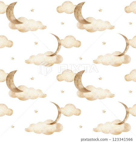 Moon in beige clouds stars in monochrome pattern seamless. Watercolor print children's vintage. Hand drawn illustrations in pastel color, isolated for textile design fabric packaging clothes wallpaper Moon in beige clouds stars in monochrome pattern seamless. Watercolor print children's vintage. Hand drawn illustrations in pastel color, isolated for textile design fabric packaging clothes wallpaper 123341566