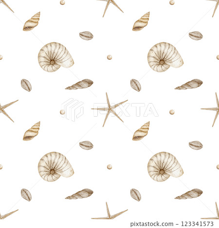 Beige seashells monochrome pattern seamless. Watercolor marine print vintage. Hand drawn illustrations starfish spiral in pastel colors isolated for textile design fabric packaging clothes wallpaper 123341573