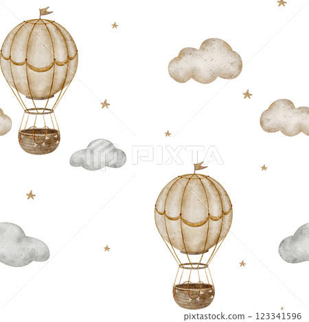 Pattern watercolor vintage hot air balloon in beige clouds. Seamless print in pastel colors. Hand drawn illustrations in cartoon style isolated for design textiles fabrics packaging clothes wallpapers Pattern watercolor vintage hot air balloon in beige clouds. Seamless print in pastel colors. Hand drawn illustrations in cartoon style isolated for design textiles fabrics packaging clothes wallpapers 123341596