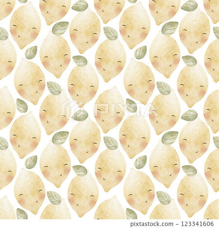Tiled pattern watercolor lemons leaves, fruits with eyes. Pastel seamless print. Hand-drawn illustrations on a white background for design of textiles, fabrics, packaging, clothes, wallpapers, cards 123341606