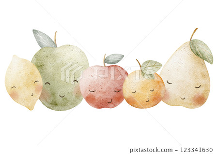 Watercolor fruits apples green red, pear yellow, mandarin orange, lemon citrus. Hand drawn cartoon style illustration for design of children's cards posters, invitations, tableware, clothes, packaging Watercolor fruits apples green red, pear yellow, mandarin orange, lemon citrus. Hand drawn cartoon style illustration for design of children's cards posters, invitations, tableware, clothes, packaging 123341630