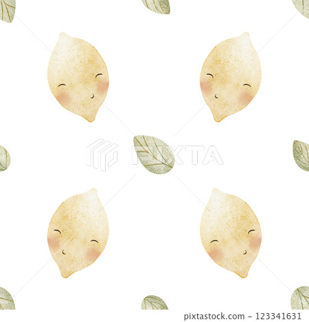 Seamless pattern lemon leaves, cute fruits with eyes. Watercolor pastel print foods. Characters hand-drawn illustrations on white background for design textiles, fabrics, packaging, clothes wallpapers Seamless pattern lemon leaves, cute fruits with eyes. Watercolor pastel print foods. Characters hand-drawn illustrations on white background for design textiles, fabrics, packaging, clothes wallpapers 123341631