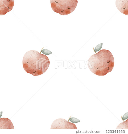 Watercolor pattern fruits apple red juicy with cute eyes. Seamless summer print. Hand-drawn illustrations stylized cartoon style design children's textiles fabrics packaging clothes, wallpapers, cards Watercolor pattern fruits apple red juicy with cute eyes. Seamless summer print. Hand-drawn illustrations stylized cartoon style design children's textiles fabrics packaging clothes, wallpapers, cards 123341633
