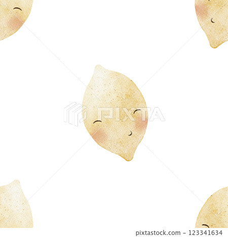 Watercolor pattern lemon funny fruits with cute eyes. Seamless summer print. Hand-drawn illustrations, on white background for design children's textiles, fabrics, packaging, clothes, wallpapers cards Watercolor pattern lemon funny fruits with cute eyes. Seamless summer print. Hand-drawn illustrations, on white background for design children's textiles, fabrics, packaging, clothes, wallpapers cards 123341634