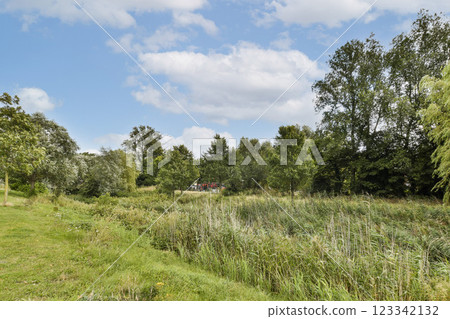 A tranquil park scene featuring lush greenery, various trees, and a clear blue sky with scattered clouds. Ideal for nature lovers and outdoor enthusiasts. A tranquil park scene featuring lush greenery, various trees, and a clear blue sky with scattered clouds. Ideal for nature lovers and outdoor enthusiasts. 123342132