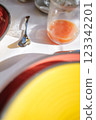 Morning scene with orange juice and colorful table (Italy) 123342201