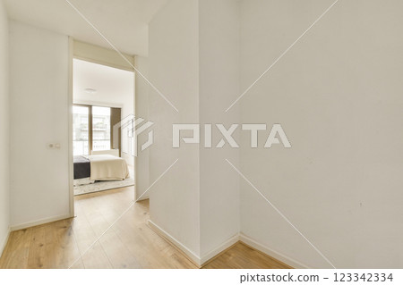 A bright and airy modern interior hallway featuring clean lines and natural light, demonstrating minimalist design principles and simplicity in decor. 123342334