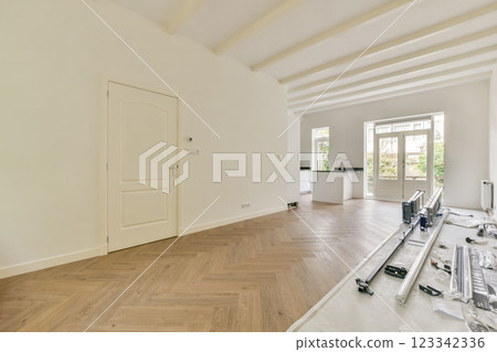 An airy interior showcasing an open space design, featuring light-colored walls and wooden flooring, enhancing the modern aesthetic of the environment. An airy interior showcasing an open space design, featuring light-colored walls and wooden flooring, enhancing the modern aesthetic of the environment. 123342336